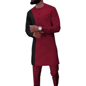 African Formal Dashiki Vibrant Crimson Shirt & Pant Suit Traditional Dress Outfi